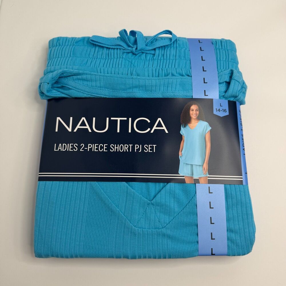 Size L Nautica 2-Piece Short Pajama Set Very Soft V-Neck Ribbed Shorts Blue NWT